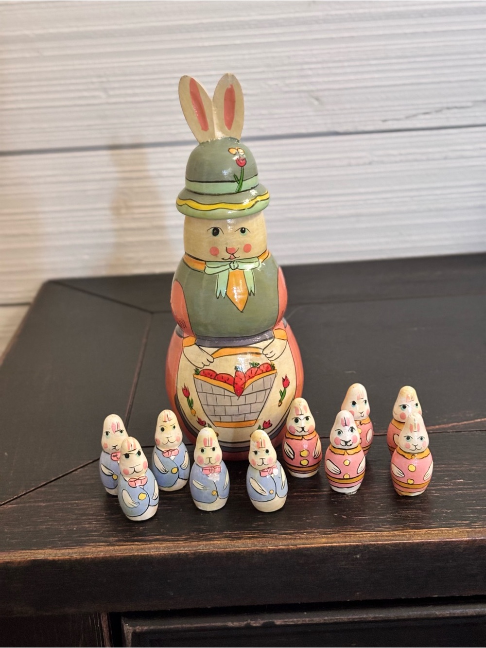 Vintage Wooden Mama Easter Bunny Nesting Doll Set Painted 11 Pieces Collectible